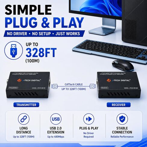 موسع USB عبر إيثرنت رقمي من J-Tech USB Balun Over cat5e cat6 99m/328ft PoC، تشغيل وتوصيل، لا حاجة إلى برنامج تشغيل، USB2.0 لجهاز التحكم في الألعاب، MAC والكمبيوتر الشخصي والأجهزة المدعومة [JTECH-BE100] in Saudi Arabia