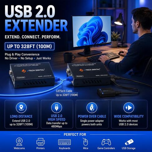 موسع USB عبر إيثرنت رقمي من J-Tech USB Balun Over cat5e cat6 99m/328ft PoC، تشغيل وتوصيل، لا حاجة إلى برنامج تشغيل، USB2.0 لجهاز التحكم في الألعاب، MAC والكمبيوتر الشخصي والأجهزة المدعومة [JTECH-BE100] in Saudi Arabia