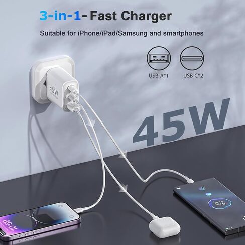 European Travel Plug Adapter,40W 4-Port USB C Wall Charger Plug Type C Fast Charging Block (White) in Saudi Arabia