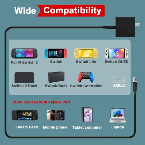 10FT 60W Smart Protection Power Adapter Charger for Nintendo 2/1/Oled/Lite,Steam Deck Support 4K TV Dock,PD3.0 Fast Charging Replacement Power Cord for iPhone Air/17/17 Pro Max, Galaxy, Tablet/Laptop in Saudi Arabia