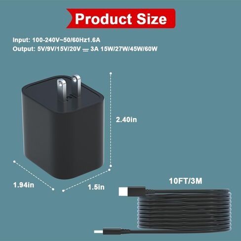 10FT 60W Smart Protection Power Adapter Charger for Nintendo 2/1/Oled/Lite,Steam Deck Support 4K TV Dock,PD3.0 Fast Charging Replacement Power Cord for iPhone Air/17/17 Pro Max, Galaxy, Tablet/Laptop in Saudi Arabia