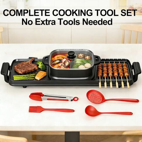 Electric Hot Pot and Grill Combo, Korean BBQ Indoor Smokeless Grill with Nonstick Surface,Large Tabletop Cooker for Family & Party, Includes Cooking Tool Set (Ladle, Strainer, Tongs, Oil Brush) in Saudi Arabia