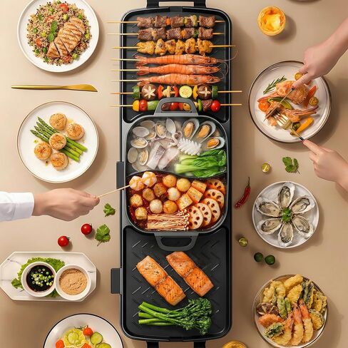 Electric Hot Pot and Grill Combo, Korean BBQ Indoor Smokeless Grill with Nonstick Surface,Large Tabletop Cooker for Family & Party, Includes Cooking Tool Set (Ladle, Strainer, Tongs, Oil Brush) in Saudi Arabia