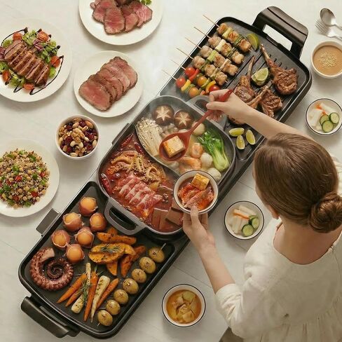 Electric Hot Pot and Grill Combo, Korean BBQ Indoor Smokeless Grill with Nonstick Surface,Large Tabletop Cooker for Family & Party, Includes Cooking Tool Set (Ladle, Strainer, Tongs, Oil Brush) in Saudi Arabia