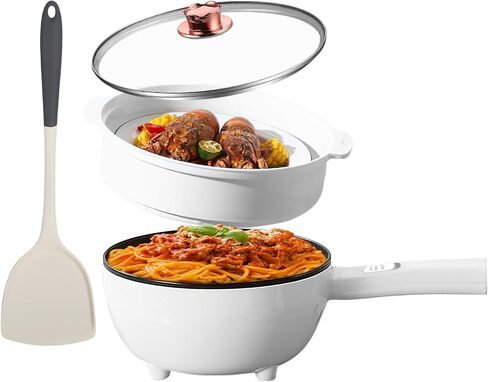 Hot Pot Electric with Steamer, 3L Non-Stick Frying Pan, Rapid Noodles Cooker Electric Pot for Steak, Egg, Fried Rice, Ramen, Soup with 2 Heating Power, Spatula in Saudi Arabia