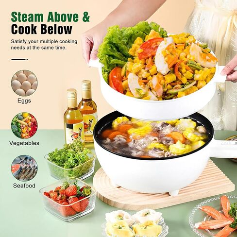 Hot Pot Electric with Steamer, 3L Non-Stick Frying Pan, Rapid Noodles Cooker Electric Pot for Steak, Egg, Fried Rice, Ramen, Soup with 2 Heating Power, Spatula in Saudi Arabia