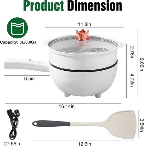 Hot Pot Electric with Steamer, 3L Non-Stick Frying Pan, Rapid Noodles Cooker Electric Pot for Steak, Egg, Fried Rice, Ramen, Soup with 2 Heating Power, Spatula in Saudi Arabia