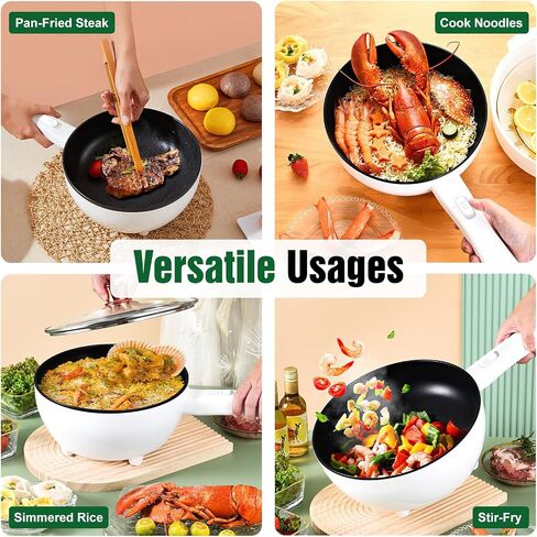 Hot Pot Electric with Steamer, 3L Non-Stick Frying Pan, Rapid Noodles Cooker Electric Pot for Steak, Egg, Fried Rice, Ramen, Soup with 2 Heating Power, Spatula in Saudi Arabia