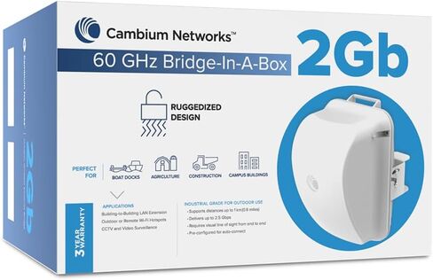 جسر Cambium Networks 60 جيجا هرتز في صندوق 2 جيجا بايت - اتصال ممتد يصل إلى 0.3 ميل (500 متر) - إنتاجية 3.6 جيجا بايت في الثانية - تمديد الشبكة المحلية - وصلة خلفية لنقاط اتصال Wi-Fi الخارجية/البعيدة - (سلك أمريكي) - C600510C020A in Saudi Arabia