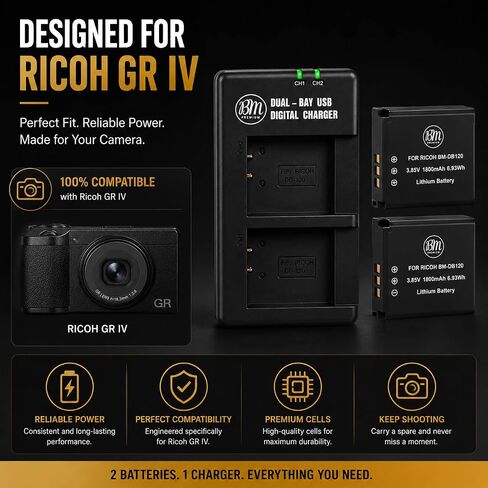 BM Premium 2-Pack DB-120 Batteries & Dual USB-C Charger for Ricoh GR IV in Saudi Arabia