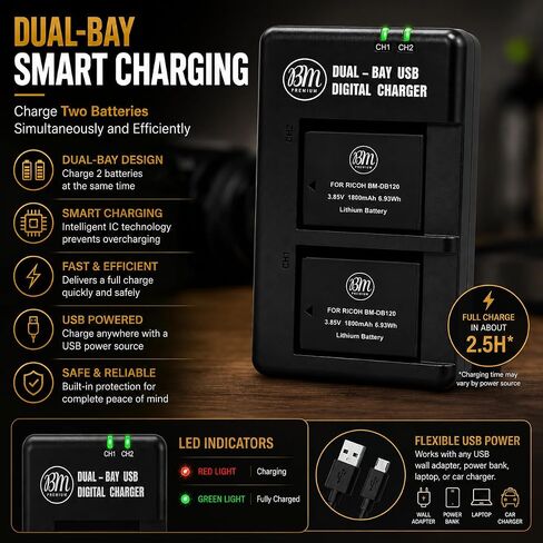 BM Premium 2-Pack DB-120 Batteries & Dual USB-C Charger for Ricoh GR IV in Saudi Arabia