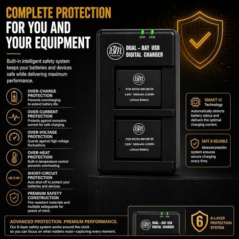 BM Premium 2-Pack DB-120 Batteries & Dual USB-C Charger for Ricoh GR IV in Saudi Arabia
