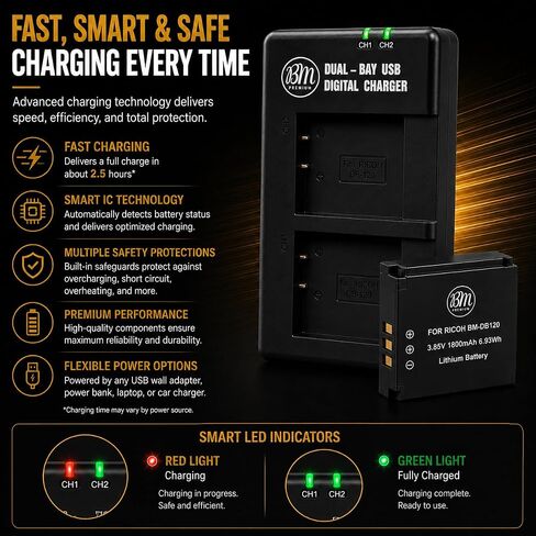 BM Premium 2-Pack DB-120 Batteries & Dual USB-C Charger for Ricoh GR IV in Saudi Arabia