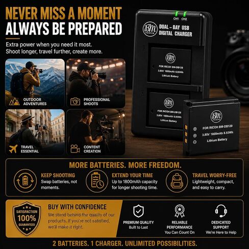 BM Premium 2-Pack DB-120 Batteries & Dual USB-C Charger for Ricoh GR IV in Saudi Arabia