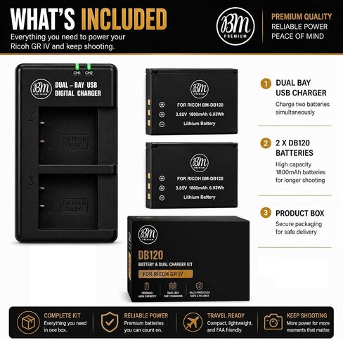 BM Premium 2-Pack DB-120 Batteries & Dual USB-C Charger for Ricoh GR IV in Saudi Arabia
