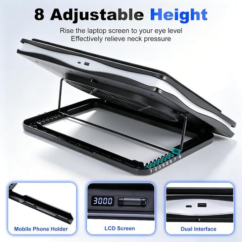 Gaming Laptop Cooling Pad, RGB Laptop Cooler with Powerful Turbo Fan, Ultra Quiet Laptop Fan Stand with LED Light, 8-Level Height Adjustable, Compatible with 15-17 Inch Gaming Laptops, Black in Saudi Arabia