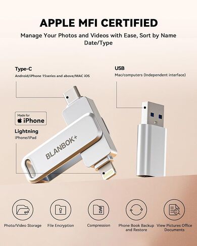 MFi Certified 512GB iPhone Photo Stick, High-Speed USB Flash Drive Memory Storage for Video Backup, Compatible for iPhone/iPad/Android/PC (Silver) in Saudi Arabia