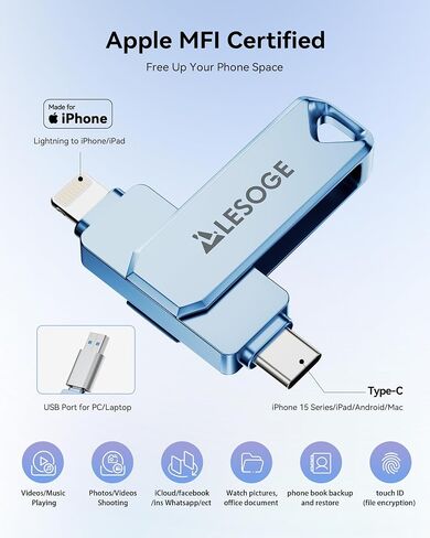 MFi Certified 250GB Flash Drive for iPhone Photo Stick Thumb Drive, USB Memory Stick iPhone Flash Drive for Photos, High Speed Jump Drive External Storage for iPhone/iPad/Android/PC (Light Blue) in Saudi Arabia