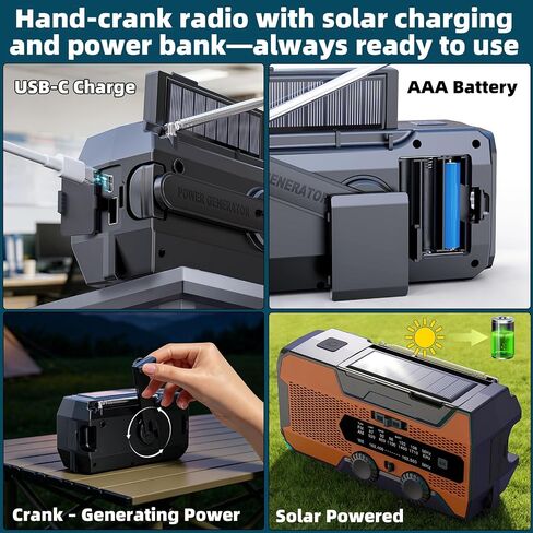 Solarbaby 10000mAh Hand Crank Emergency Radio, NOAA Weather Solar Radio AM/FM,Battery Operated with LED Flashlight, Reading Lamp & SOS Alarm,Orange Survival Radio for Camping Hurricane Emergency in Saudi Arabia