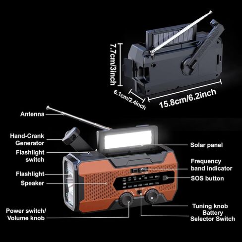 Solarbaby 10000mAh Hand Crank Emergency Radio, NOAA Weather Solar Radio AM/FM,Battery Operated with LED Flashlight, Reading Lamp & SOS Alarm,Orange Survival Radio for Camping Hurricane Emergency in Saudi Arabia