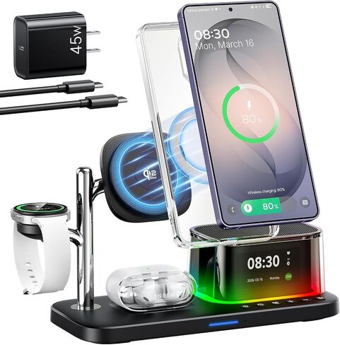 محطة شحن Meifigno 25W 5 في 1 لجهاز Galaxy S26 Ultra مع مكبر صوت بلوتوث/ساعة منبه/إضاءة ليلية، شاحن لاسلكي مغناطيسي سريع Qi2.2 مع محول 45W لـ S26/Z Fold7، لساعة Galaxy Watch 8/Buds in Saudi Arabia