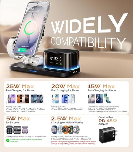 محطة شحن Meifigno 25W 5 في 1 لجهاز Galaxy S26 Ultra مع مكبر صوت بلوتوث/ساعة منبه/إضاءة ليلية، شاحن لاسلكي مغناطيسي سريع Qi2.2 مع محول 45W لـ S26/Z Fold7، لساعة Galaxy Watch 8/Buds in Saudi Arabia