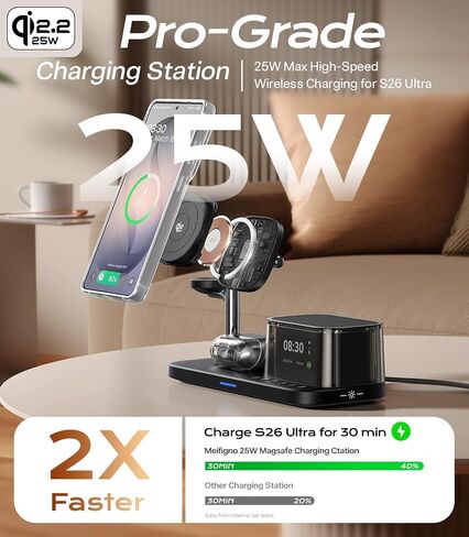 محطة شحن Meifigno 25W 5 في 1 لجهاز Galaxy S26 Ultra مع مكبر صوت بلوتوث/ساعة منبه/إضاءة ليلية، شاحن لاسلكي مغناطيسي سريع Qi2.2 مع محول 45W لـ S26/Z Fold7، لساعة Galaxy Watch 8/Buds in Saudi Arabia