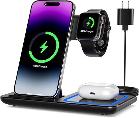 قاعدة شحن لاسلكية 3 في 1، حامل شاحن لاسلكي لهاتف iPhone17 16e 16 15 14 Pro Max 13 12 11، قاعدة شحن لأجهزة AirPods 4 3 2 Pro، وساعة Apple 11/10/9/Ultra/8/SE/7/6/5/4/3 in Saudi Arabia