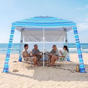 8'x8' Beach Cabana, UPF 50+ Large Beach Canopy with Side Wall, Easy Setup Pop Up Sun Shelter, Adjustable Height & Wind Resistant Beach Tent for 4-6 Person Family, Light Blue in Saudi Arabia