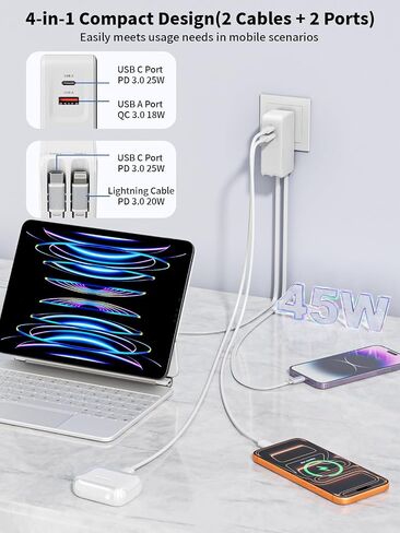 Retractable iPhone Charger Fast Charging,4 in 1 Retractable Wall Charger 45W Travel Essentials Multiport Plug Foldable Block Lightning &USB C Cables for iPhone 17Pro Max/16/15/14/13/12/11,iPad,AirPods in Saudi Arabia