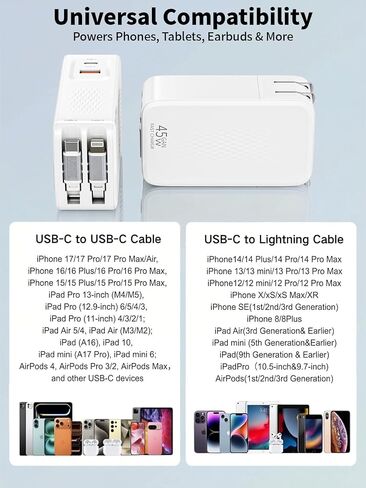 Retractable iPhone Charger Fast Charging,4 in 1 Retractable Wall Charger 45W Travel Essentials Multiport Plug Foldable Block Lightning &USB C Cables for iPhone 17Pro Max/16/15/14/13/12/11,iPad,AirPods in Saudi Arabia