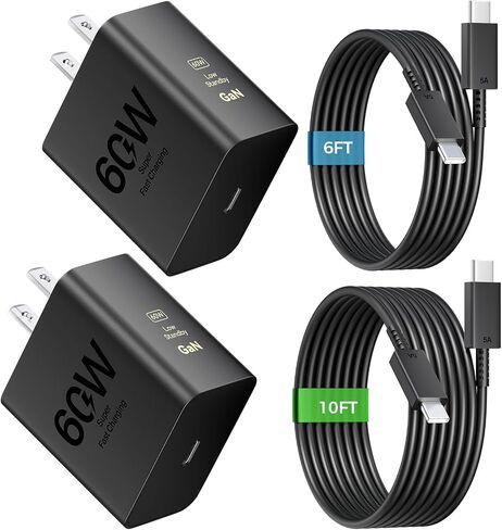 شاحن USB C فائق السرعة 60 وات، شاحن من النوع C شحن سريع كتلة شاحن هاتف Android مع شواحن USB C بطول 10 أقدام + 6 أقدام سلك كابل شحن سريع لهاتف Samsung Galaxy S26 Ultra/S26+/S26/iPhone 17/16/15 in Saudi Arabia