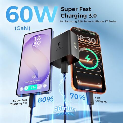 شاحن USB C فائق السرعة 60 وات، شاحن من النوع C شحن سريع كتلة شاحن هاتف Android مع شواحن USB C بطول 10 أقدام + 6 أقدام سلك كابل شحن سريع لهاتف Samsung Galaxy S26 Ultra/S26+/S26/iPhone 17/16/15 in Saudi Arabia