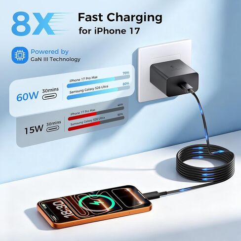 شاحن USB C فائق السرعة 60 وات، شاحن من النوع C شحن سريع كتلة شاحن هاتف Android مع شواحن USB C بطول 10 أقدام + 6 أقدام سلك كابل شحن سريع لهاتف Samsung Galaxy S26 Ultra/S26+/S26/iPhone 17/16/15 in Saudi Arabia