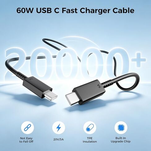 شاحن USB C فائق السرعة 60 وات، شاحن من النوع C شحن سريع كتلة شاحن هاتف Android مع شواحن USB C بطول 10 أقدام + 6 أقدام سلك كابل شحن سريع لهاتف Samsung Galaxy S26 Ultra/S26+/S26/iPhone 17/16/15 in Saudi Arabia