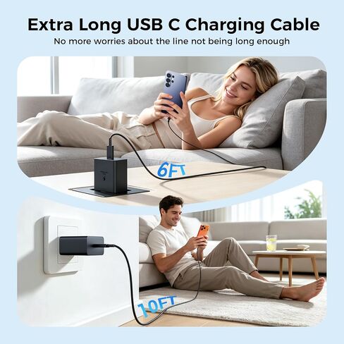شاحن USB C فائق السرعة 60 وات، شاحن من النوع C شحن سريع كتلة شاحن هاتف Android مع شواحن USB C بطول 10 أقدام + 6 أقدام سلك كابل شحن سريع لهاتف Samsung Galaxy S26 Ultra/S26+/S26/iPhone 17/16/15 in Saudi Arabia