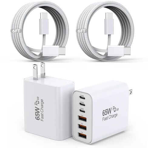 65W USB C Charger Block, 2Pack 6-Port Fast Charging Block with 6ft Long TypeC to TypeC Woven Cable Cord,Multiport Plug,USB C Power Adapter for iPhone 17/17 Air/17 Pro/16/16e/16 Pro Max/15,iPad,AirPods in Saudi Arabia
