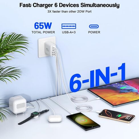 65W USB C Charger Block, 2Pack 6-Port Fast Charging Block with 6ft Long TypeC to TypeC Woven Cable Cord,Multiport Plug,USB C Power Adapter for iPhone 17/17 Air/17 Pro/16/16e/16 Pro Max/15,iPad,AirPods in Saudi Arabia