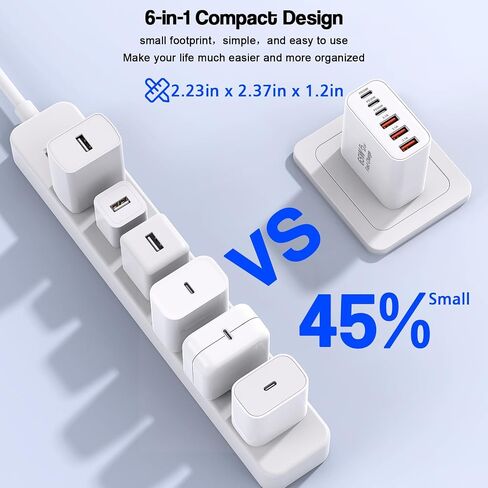 65W USB C Charger Block, 2Pack 6-Port Fast Charging Block with 6ft Long TypeC to TypeC Woven Cable Cord,Multiport Plug,USB C Power Adapter for iPhone 17/17 Air/17 Pro/16/16e/16 Pro Max/15,iPad,AirPods in Saudi Arabia