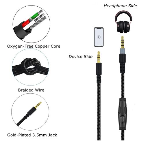 Replacement Aux Cable Cord, Wire with Mute and Volume Control Compatible for Kingston Cloud Alpha Cloud Mix Cloud Flight Gaming Headphones (Black) in Saudi Arabia