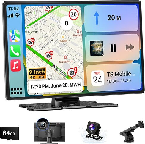 شاشة Carplay لاسلكية للسيارة، شاشة A-pple CarPlay المحمولة وشاشة Android Auto مقاس 9 بوصات مع Dashcam 4K وكاميرا احتياطية 1080P، ستيريو السيارة مع وصلة مرآة، التحكم الصوتي، GPS، بلوتوث، AUX، FM in Saudi Arabia
