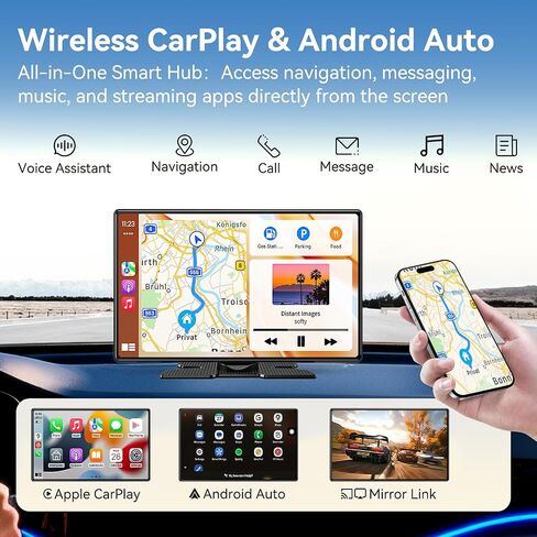 شاشة Carplay لاسلكية للسيارة، شاشة A-pple CarPlay المحمولة وشاشة Android Auto مقاس 9 بوصات مع Dashcam 4K وكاميرا احتياطية 1080P، ستيريو السيارة مع وصلة مرآة، التحكم الصوتي، GPS، بلوتوث، AUX، FM in Saudi Arabia