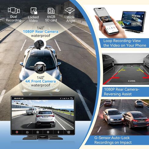 شاشة Carplay لاسلكية للسيارة، شاشة A-pple CarPlay المحمولة وشاشة Android Auto مقاس 9 بوصات مع Dashcam 4K وكاميرا احتياطية 1080P، ستيريو السيارة مع وصلة مرآة، التحكم الصوتي، GPS، بلوتوث، AUX، FM in Saudi Arabia