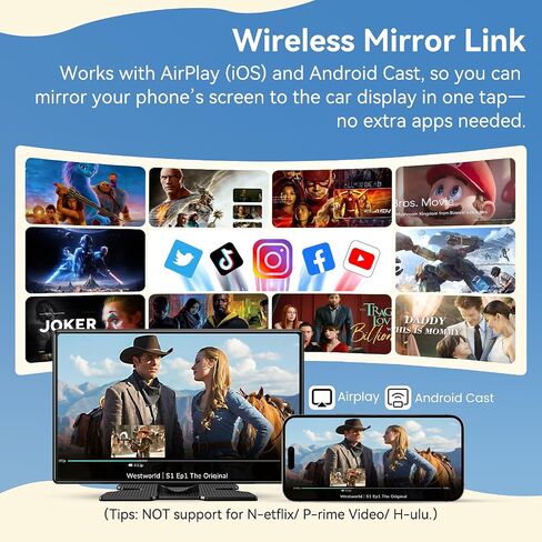 شاشة Carplay لاسلكية للسيارة، شاشة A-pple CarPlay المحمولة وشاشة Android Auto مقاس 9 بوصات مع Dashcam 4K وكاميرا احتياطية 1080P، ستيريو السيارة مع وصلة مرآة، التحكم الصوتي، GPS، بلوتوث، AUX، FM in Saudi Arabia