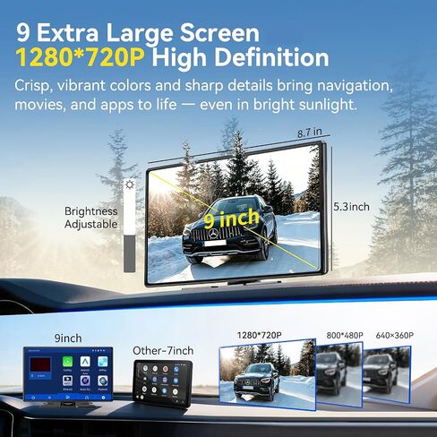شاشة Carplay لاسلكية للسيارة، شاشة A-pple CarPlay المحمولة وشاشة Android Auto مقاس 9 بوصات مع Dashcam 4K وكاميرا احتياطية 1080P، ستيريو السيارة مع وصلة مرآة، التحكم الصوتي، GPS، بلوتوث، AUX، FM in Saudi Arabia