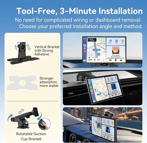 شاشة Carplay لاسلكية للسيارة، شاشة A-pple CarPlay المحمولة وشاشة Android Auto مقاس 9 بوصات مع Dashcam 4K وكاميرا احتياطية 1080P، ستيريو السيارة مع وصلة مرآة، التحكم الصوتي، GPS، بلوتوث، AUX، FM in Saudi Arabia