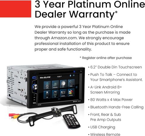 نظام ستيريو للسيارة BOSS Elite BV755BLC - شاشة لمس مزدوجة Din 6.2 بوصة، وحدة رأسية للصوت والاتصال عبر البلوتوث، مستقبل راديو، مشغل أقراص مضغوطة، USB، SD، كاميرا احتياطية، وصلة بمكبر الصوت in Saudi Arabia