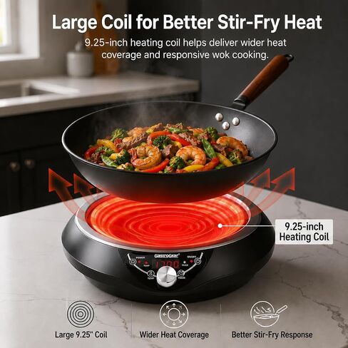 1700W Induction Cooktop with 13.4" Carbon Steel Wok Pan,Lid,Rack,1.97" Deep Curved Concave Electric Stove Burner 16 Watts/temp Precise Ctrl 200~1700W 176°F to 446°F,18H Timer ETL-Listed in Saudi Arabia