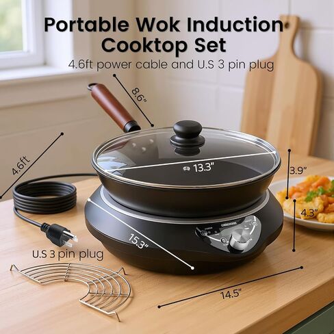 1700W Induction Cooktop with 13.4" Carbon Steel Wok Pan,Lid,Rack,1.97" Deep Curved Concave Electric Stove Burner 16 Watts/temp Precise Ctrl 200~1700W 176°F to 446°F,18H Timer ETL-Listed in Saudi Arabia