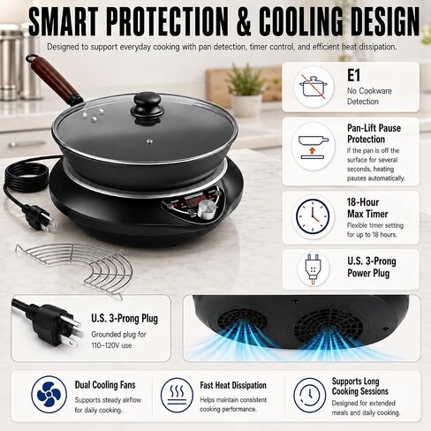 1700W Induction Cooktop with 13.4" Carbon Steel Wok Pan,Lid,Rack,1.97" Deep Curved Concave Electric Stove Burner 16 Watts/temp Precise Ctrl 200~1700W 176°F to 446°F,18H Timer ETL-Listed in Saudi Arabia